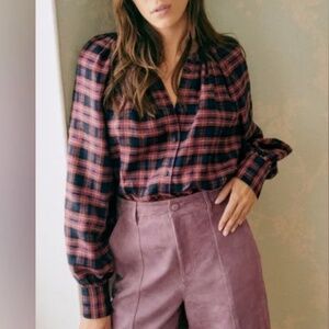 Sezane Lealys 100% Linen Shirt Check Print Rose and Mauve FR Size 42/US 10